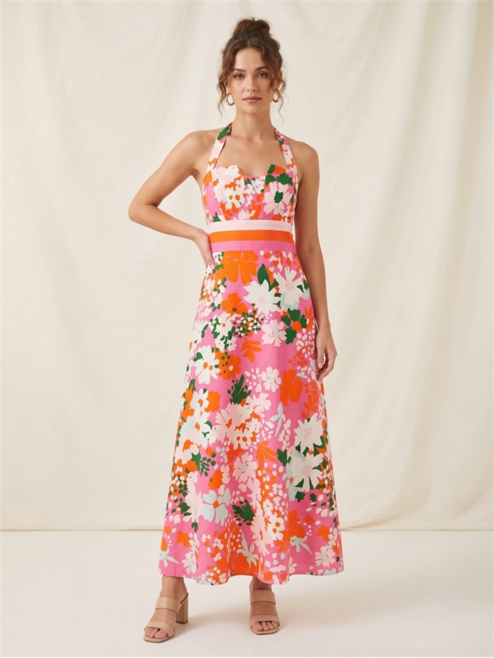 CK Bradley Colorful Floral Print Halter-Neck Maxi Dress Size Medium